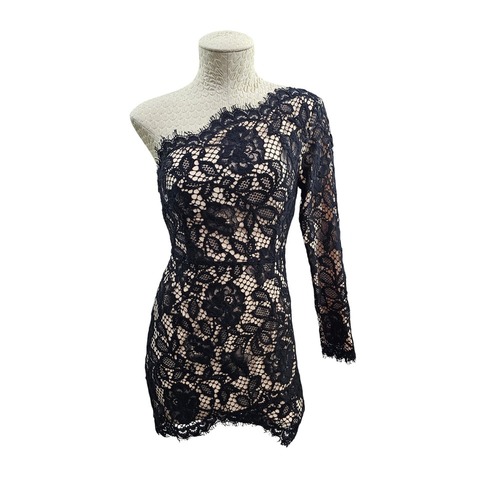 X by NBD Lace One Shoulder Mini Dress Wmns 0 Black Floral Eyelash Cocktail Party